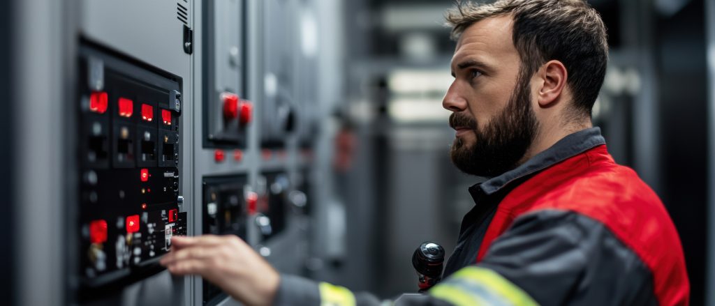 Fire Alarm System Response Concept. A technician in safety gear operates control panels in an industrial setting, focusing on buttons and gauges.